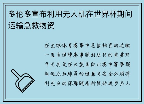 多伦多宣布利用无人机在世界杯期间运输急救物资 多伦多宣布利用无人机在世界杯期间运输急救物资